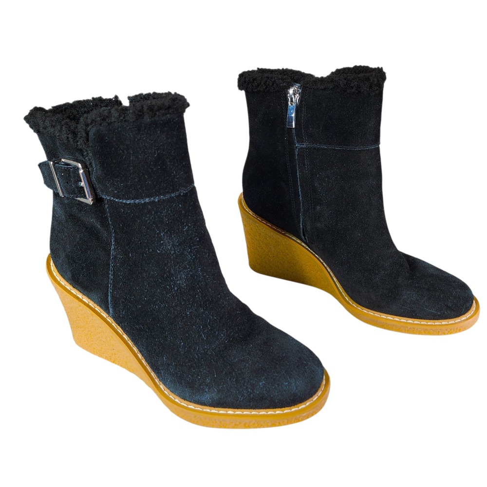 Franco Sarto Wedge Ankle Boots sz 7.5M Women Black Suede Leather Ulayna Sherpa‎